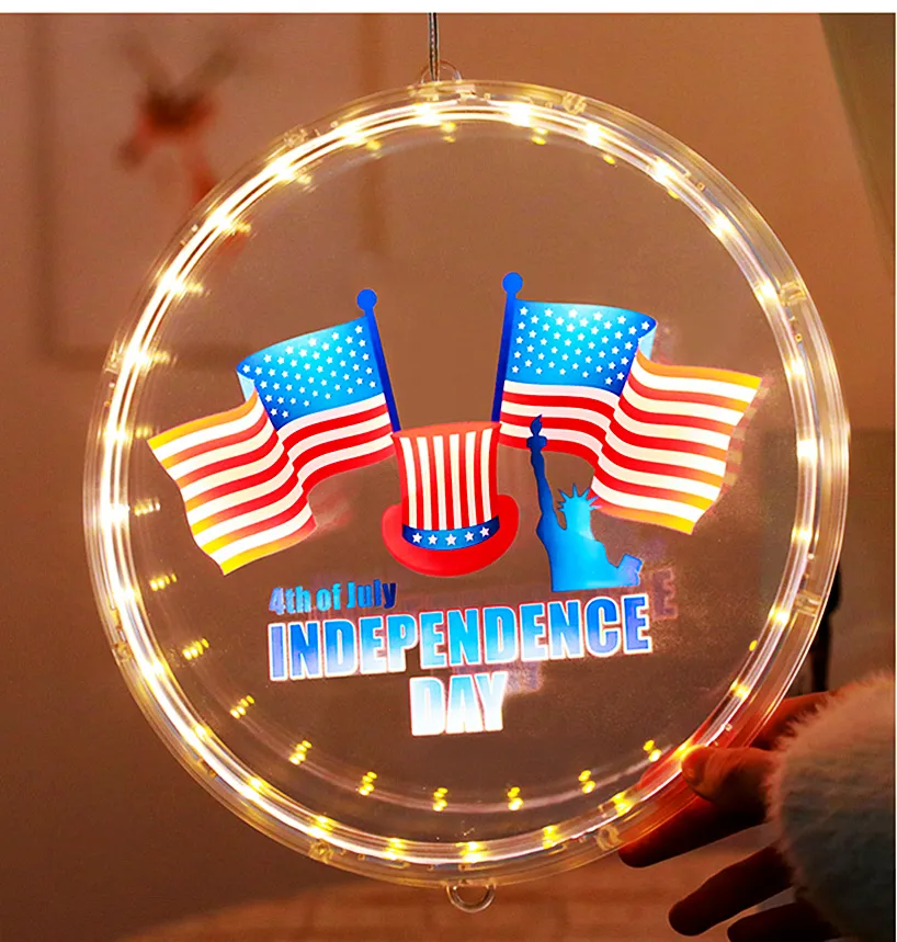 Corda de luz LED 4 de julho Dia Nacional Americano Lanterna Dia da Independência Luz Decorativa Impressão em Cores Vermelho e Azul Bandeira Nacional Disco Luminoso Luz Pendurada