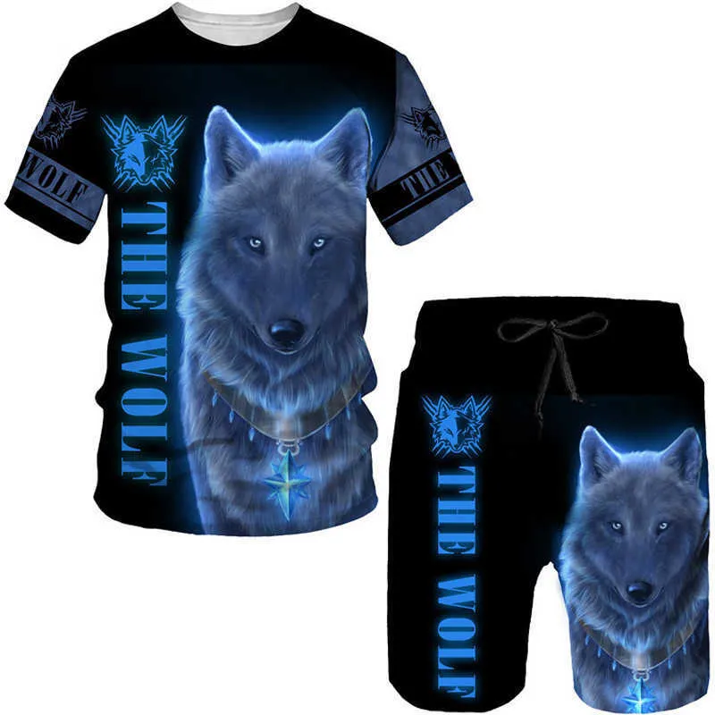 Spårar Cool Wolf 3D Printing T-shirt/Set Summer Short Sleeve O-Neck Men's T-Shirt och Shorts 2-Piece Casual Par Sportswear P230605