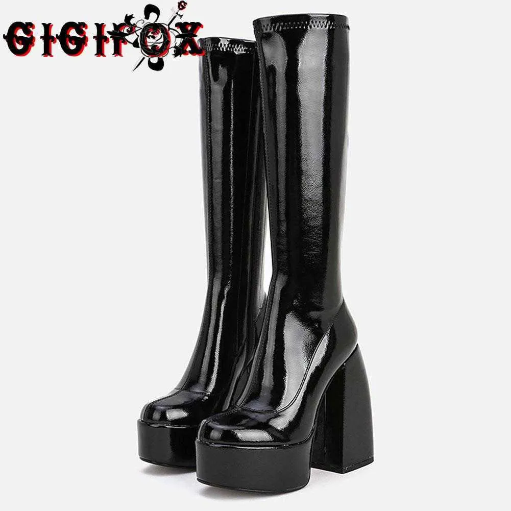 Boots Gothic Style Black Red Plus Size 48 Chunky Heels High Heeled Platform Zipper Elastic Boots Party Lady Shoes Woman Z0605