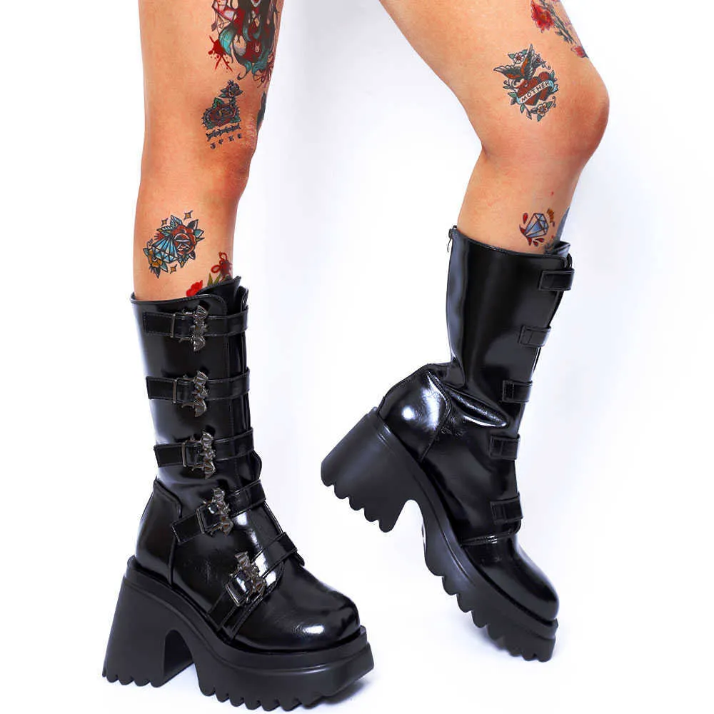 Boots Brand Punk Gothic Cosplay Motorcycle Combat Boots Women Zip Platform Chunky Heeled Mid Calf Boots Autumn Metal Shoes Z0605