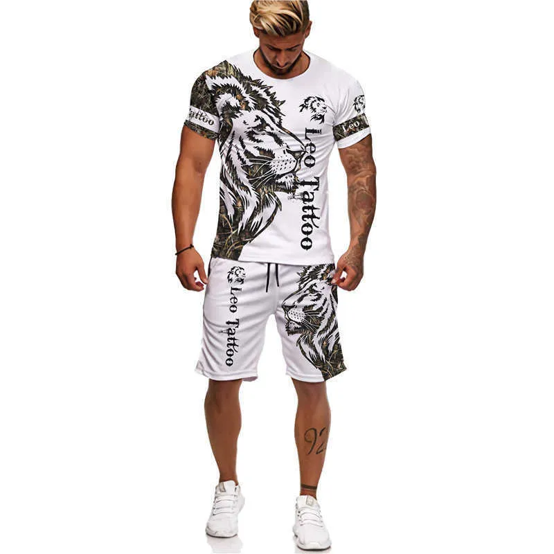 Tute da uomo Estate uomo tatuaggio animale bianco maniche corte leone 3D stampato O-collo T-shirt e pantaloncini set abbigliamento sportivo casual P230605 buono