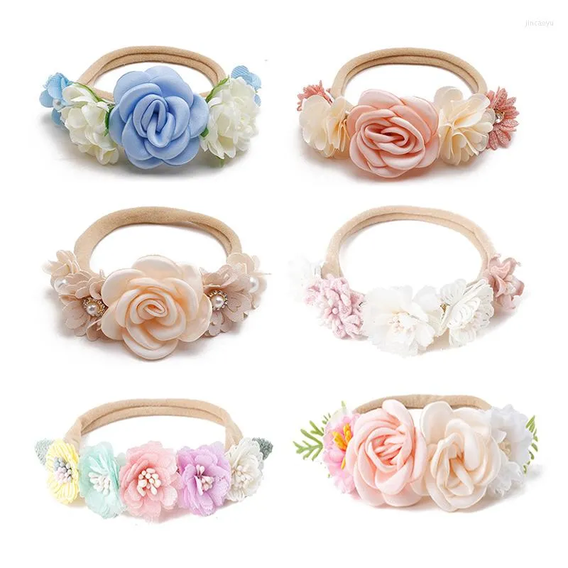 Hair Accessories Baby Girls Bright Floral Pearl Party Crown Lovely Flower Nylon Headband For Pos Born Toddlers Tiara Hairband