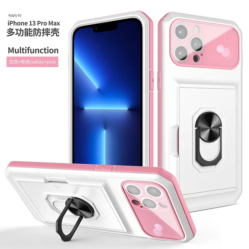 3 in 1 Credit Card Slot Wallet Phone Cases For iPhone 14 13 Pro Max 12 11 Magnetic Ring Holder Case Camera Protection Cover with Kickstand in OPP Bag