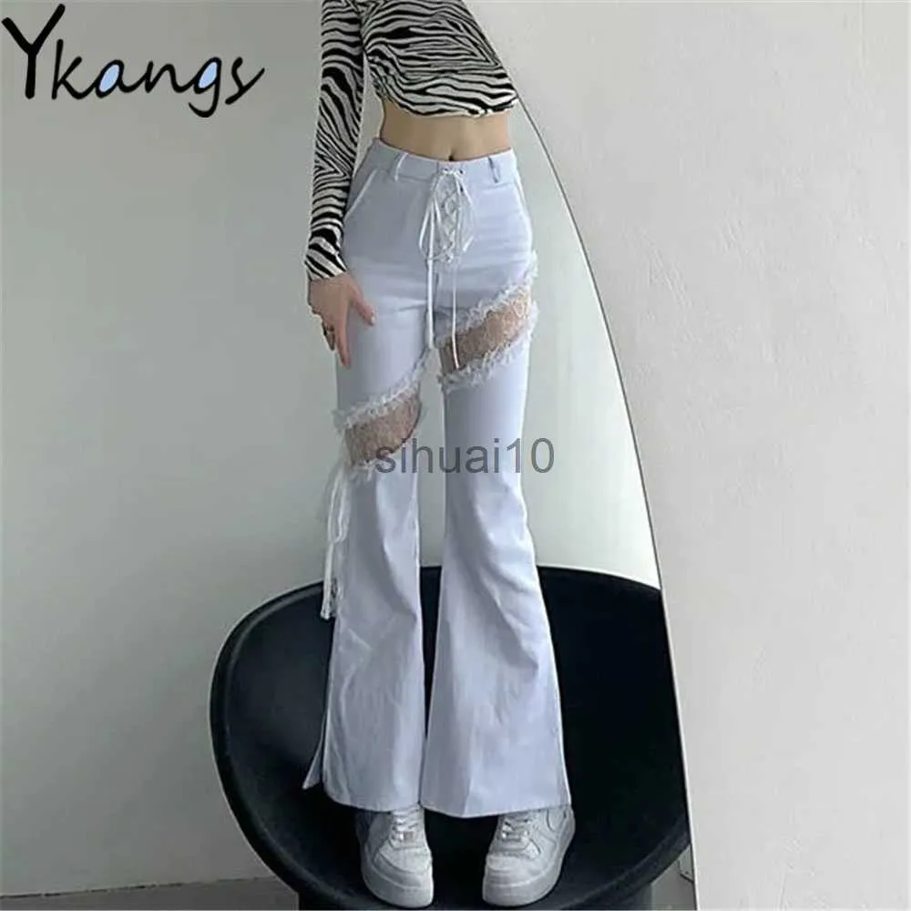 Women's Pants Capris Y2k Lace Stitching Hollow Out Side Slit Bandage High Waist Flared Jeans Slim Gothic Punk Streetwear Denim Pants Harajuku Trouser J230605