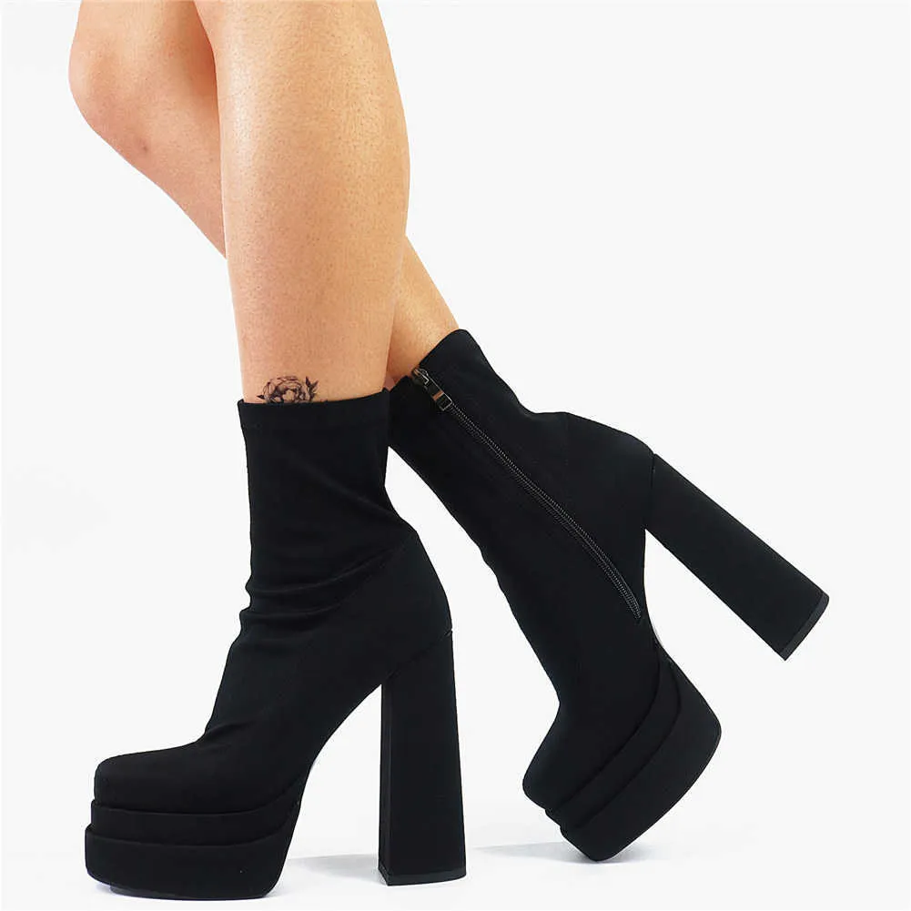 Boots Plus Size 43 Black Elegant Luxury Brand Quality Sock Boots Chunky Platform Women's Boots High Heels Boots Shoes Woman Z0605