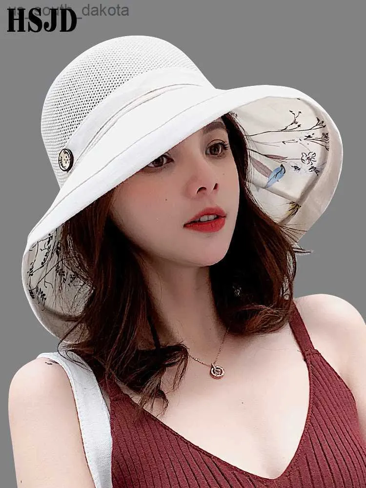 2019 여름 여름 큰 넓은 뇌하소 선 모자 여성 메쉬 UV 보호 해변 모자 여성 그물 폴드 햇볕에 태양 모자 레이디스 버킷 모자 L230523