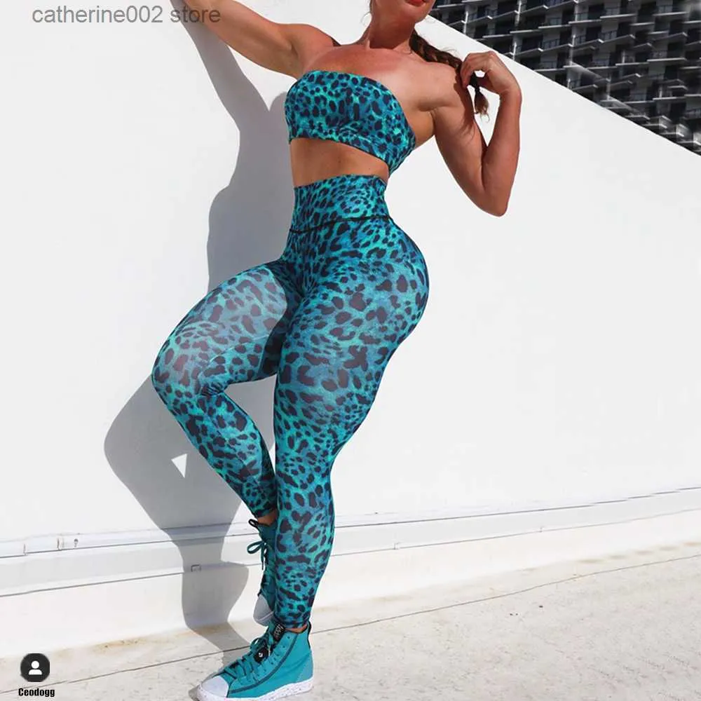 Agasalhos femininos 2023 Sutiã esportivo Pad Tube Conjunto fitness feminino Leopardo Cintura alta Leggings pêssego Calças femininas Ternos ativos T230605