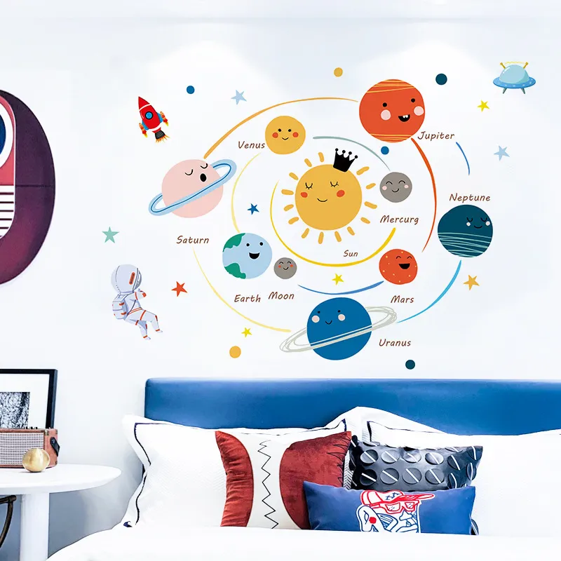 Cartoon Solar System Vinyl Wand Aufkleber Kinderzimmer Dekoration Junge kinderzimmer Wand Dekor Kindergarten Dekorieren DIY Kunst Wandmalereien Hause