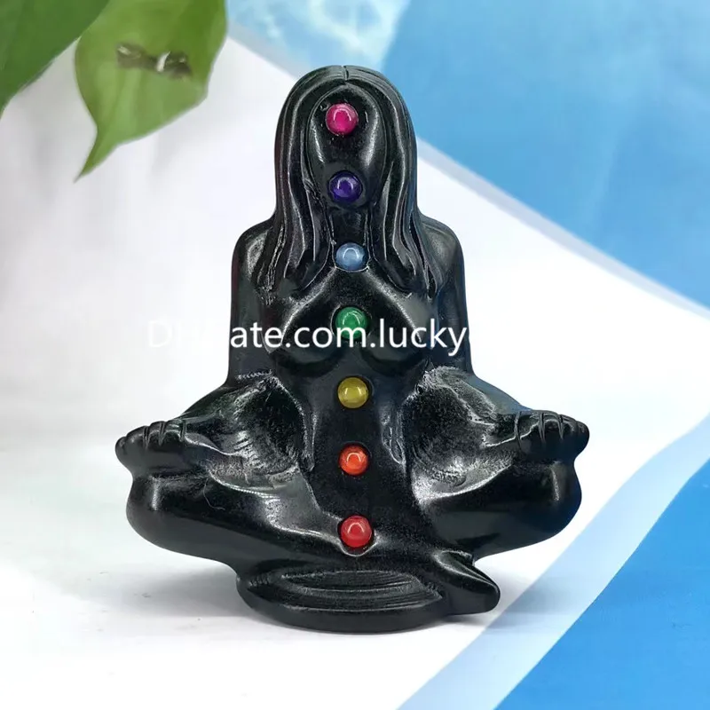 Natuurlijke Zwarte Obsidiaan Yoga Godin Body Sculpture Palm Stone Handgemaakte Zittende Zeven Chakra Quartz Crystal Meditatie Vrouwelijk Model Beeldje Gemstone Collection