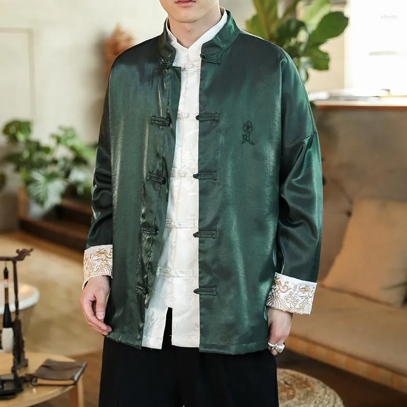 エスニック服グリーンメンズ中国語刺繍ジャケットSilkhanfu Smooth Satin Tangzhuang Blouse伝統的なオリエンタルコスチュームシャツ