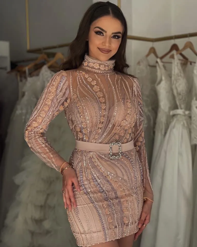 green emerald velvet dress Off-Shoulder Short Graduation Dress with Long Sleeves White / Small main image 1