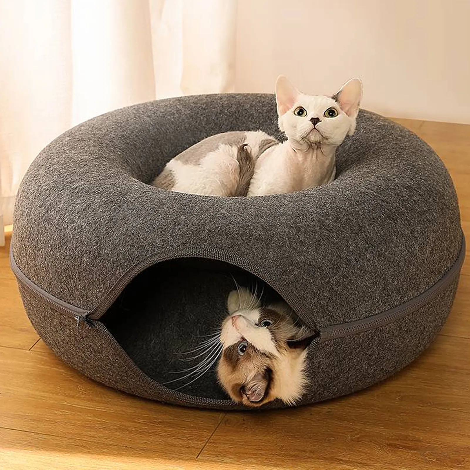 Felt Cat Nest Bed Interactive Tunnel Toys Pet Bed for Cats Kitten Puppy Half Stängd Donut Shape Cave Beds Tunnel House Basket