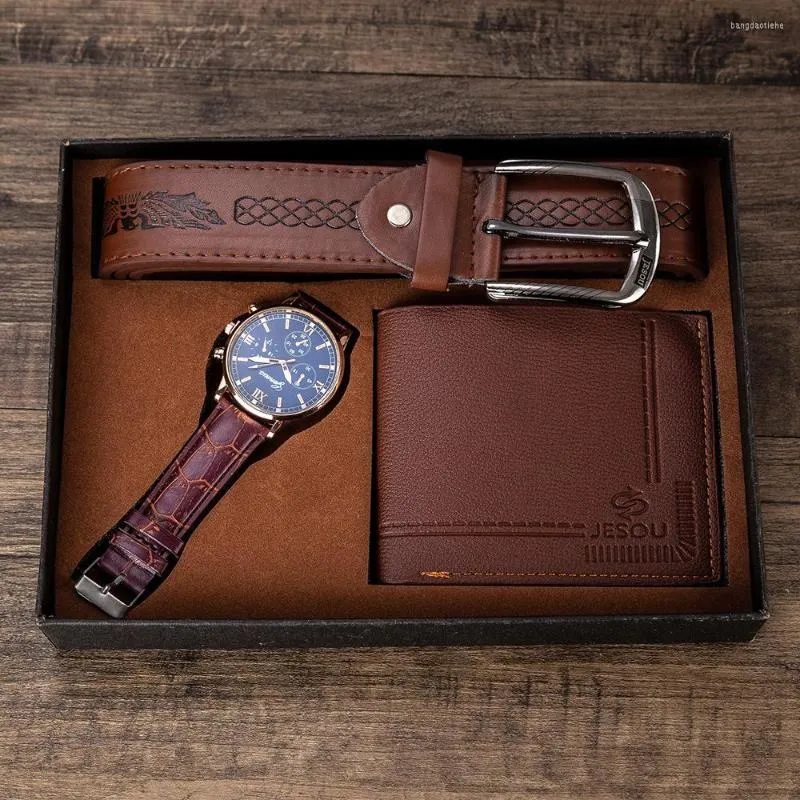 Horloges 3 stks Set mannen Gift Luxe Vintage Quartz Horloge Bruin Lederen Riem Portemonnee Pak Voor Mannen Vriendje Vader Drop