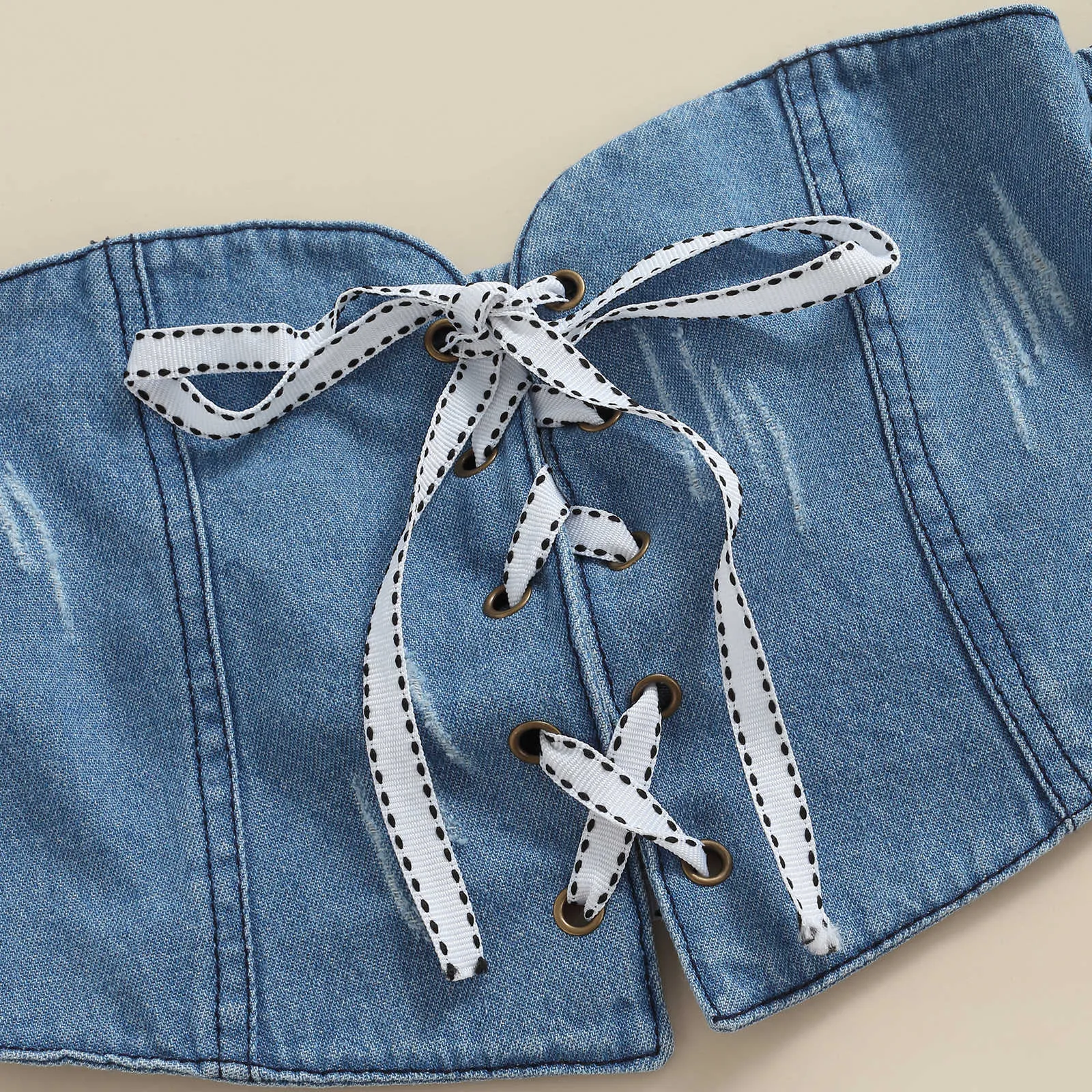 Zestawy odzieży Ubrania dziewcząt Zestaw dla dzieci garniturę dla dzieci z ramię w sznurku z krótkim rękawem i rozryte dżinsy moda