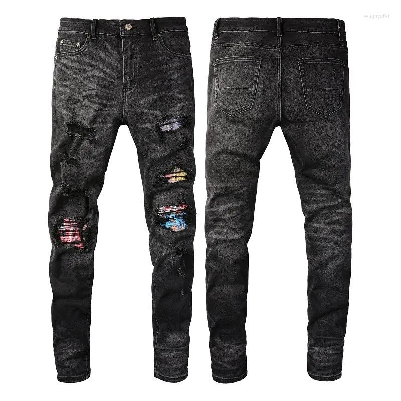 Jeans masculino Calças desgastadas de alta qualidade Preto Ajuste justo Arranhado Destroy Boyfriend Ribs Patchwork Skinny Rasgado Men