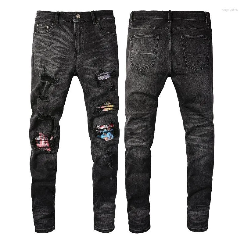 Jeans pour hommes pantalons en détresse de haute qualité noir coupe ajustée rayé détruit petit ami côtes Patchwork maigre déchiré hommes