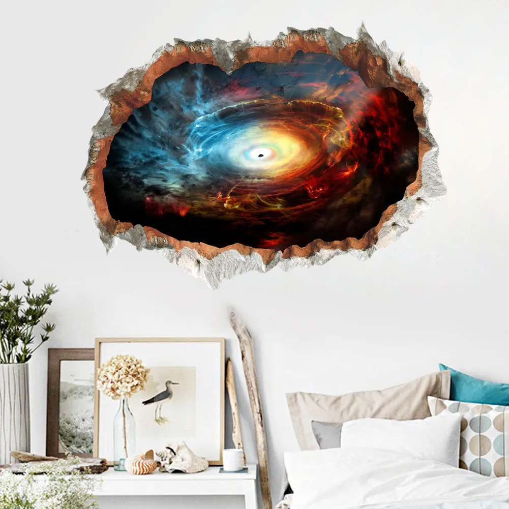 3D Broken Wall Sticker Black Paper Space Universe Planet Decal for Boy ...