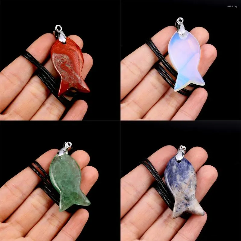 Pendanthalsband 40x20mm Fish Shape Natural Stone Opal Crystal Agate Mineral Gem Leather Rep Halsband Diyjewelry Accessories