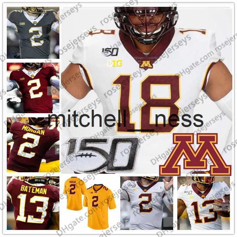 Mit8 Custom Minnesota Golden Gophers 2020 Football 0 Rashod Bateman 2 Tanner Morgan 150TH NCAA Jersey Qualquer número Nome Branco Cinza Amarelo Vermelho 4XL