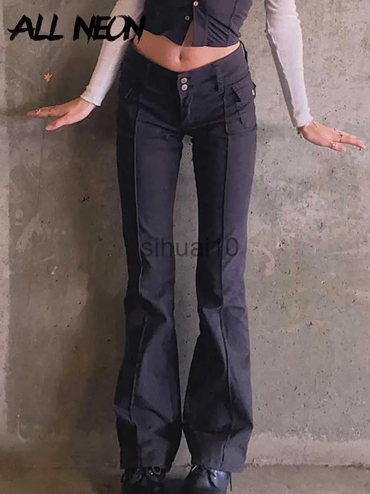 Kvinnor Pants Capris Allneon Indie Eesthetics Slim Low Midj Flare Pants E-Girl Vintage Pockets Solid Y2K Pants Autumn 90s Fashion Black Byxor J230605