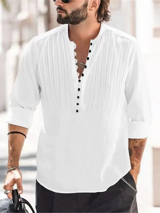 Camisas masculinas casuais vintage plus size 3XL outono novo design camisa masculina de linho de algodão fina plissada manga comprida camisa de abotoamento único Chemise Homme