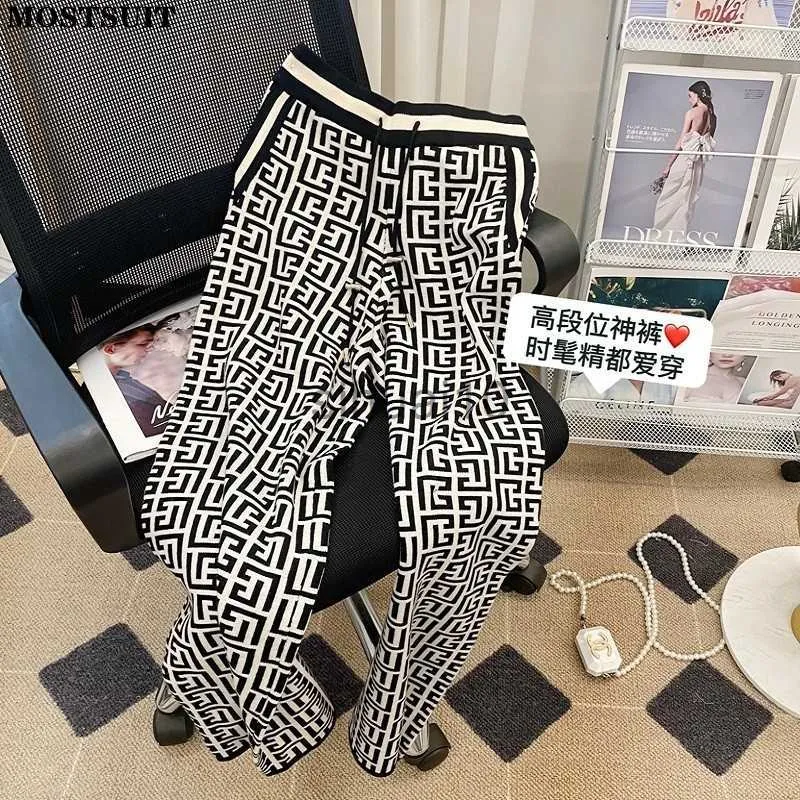 Damesbroek Capri Hoog getailleerde jacquard gebreide wijde pijpenbroek Vrouwen chique vintage mode Lange broek Casual losse rechte damesbroek J230605