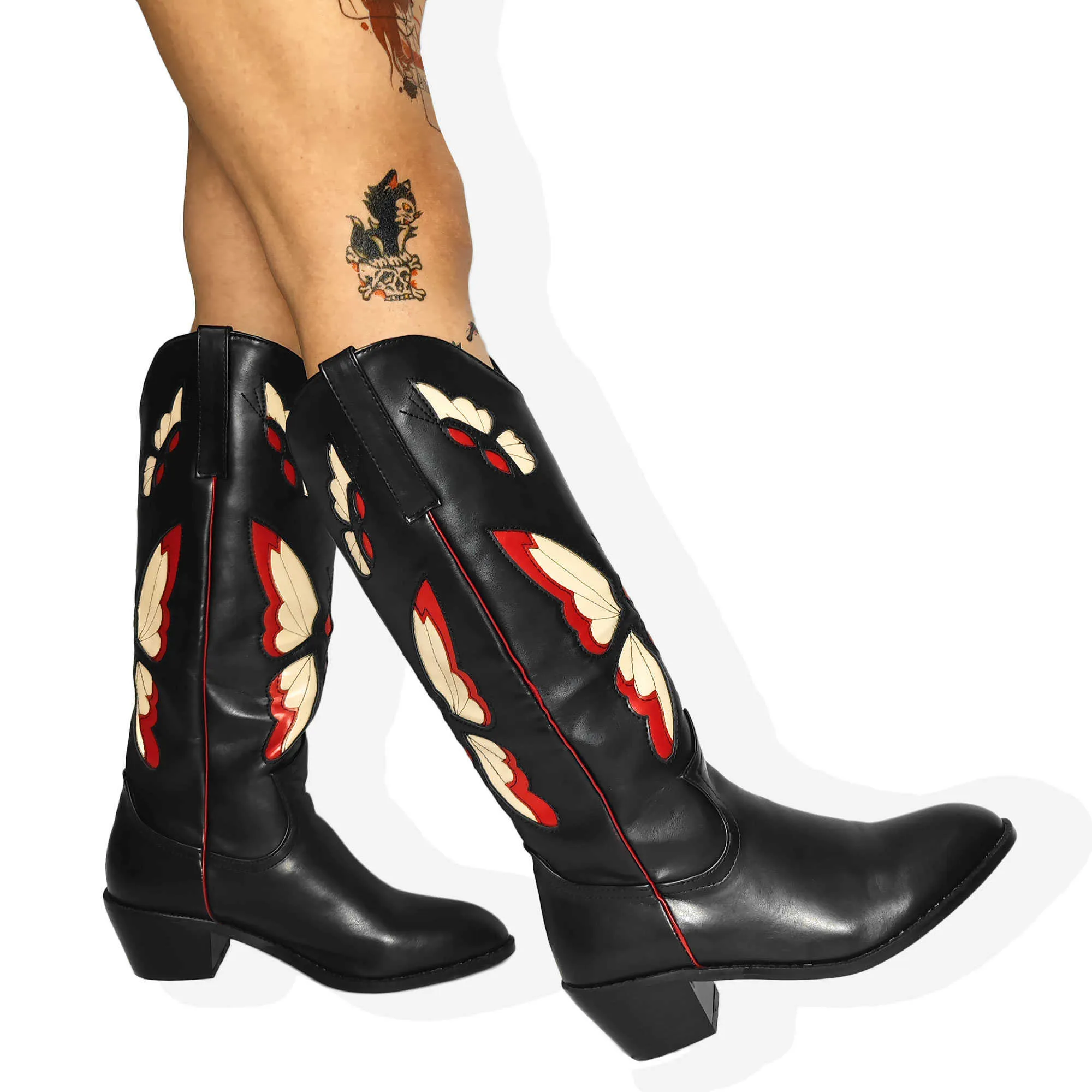 Stiefel Cowboy Cowgirl Mittelkalb Stiefel Schmetterling bestickt Markendesign Gothic Stil Herbst Winter Slip On Western Retro Schuhe Z0605