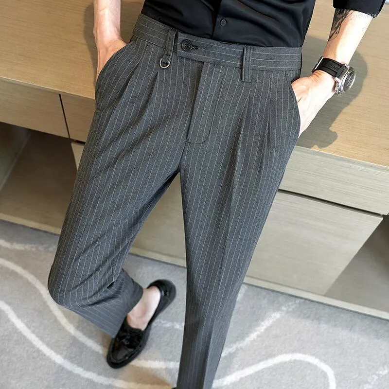 Männer Hosen 2023 Sommer Gestreiften Anzug männer Slim Fit Knöchel Länge Gerade Elasti Casual Mode Business Sozialen Kleid Hose