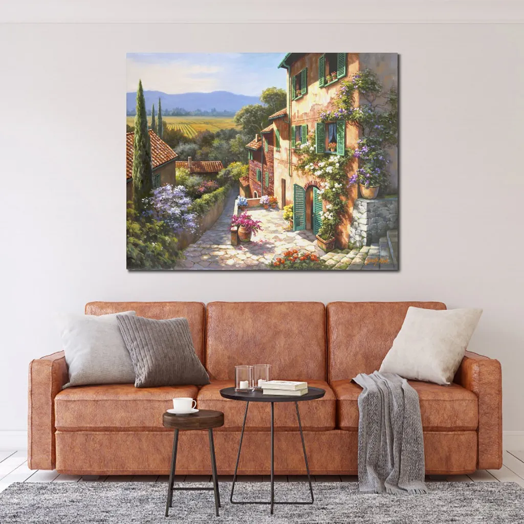 Handmade Mediterranean Seascape Wall Art Spring in The Valley Sung Kim Canvas Painting Contemporary Bathroom Decor