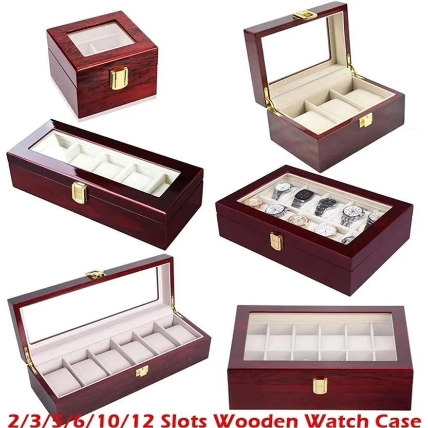 Luxury Träklocka Titta på hållare Box för Watches Men Glass Top Jewelry Organizer Box 2 3 5 12 Grids Watch Organizer New D40 T2258F