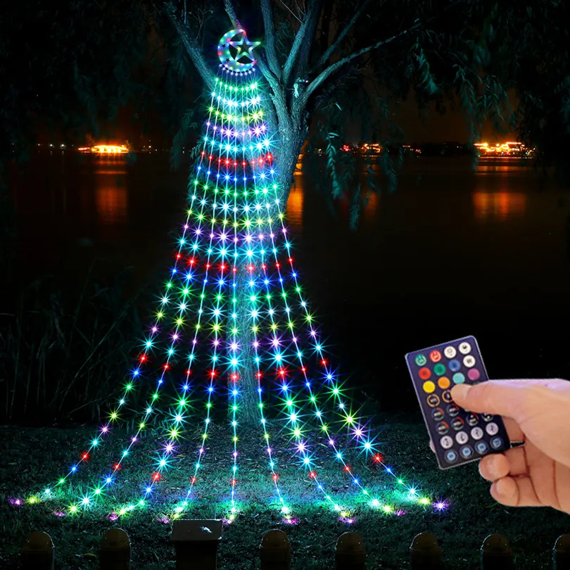 Led Dizeler Ay Yıldız Şelale Işıkları Noel Kapalı Açık Güneş Uzaktan Kumanda Perdesi Işıkları Dekoratif 3.5m 11.48ft 9 Strand Sıcak Beyaz RGB USB EU 220V