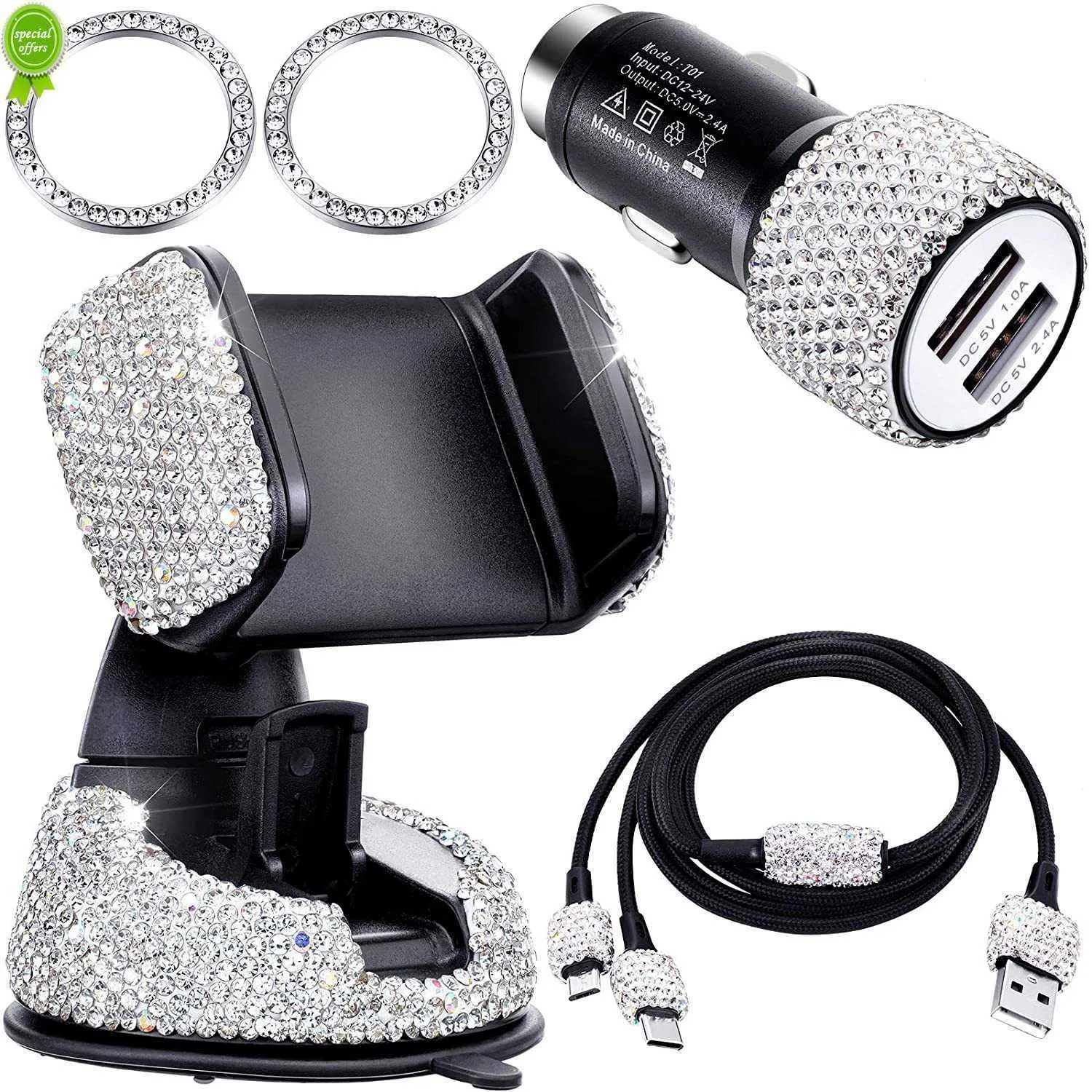 Nowy 5 -paczek Bling Rhinestones Zestaw telefonów komórkowych (kabel ładowarki uchwytu w telefonie samochodowym) na iPhone iPad Akcesoria samochodowe Android