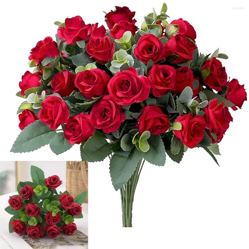 Decorative Flowers Artificial Flower Rose Red Eucalyptu Leaf Peony Bouquet 10Heads Fake Wedding Home Decor Mother's Day Valentine's