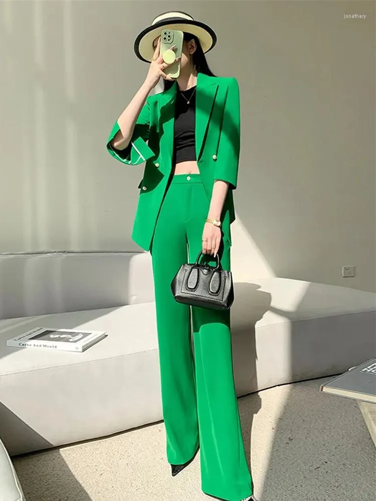 Zweiteilige Damen-Hosen, elegantes Büro-Damen-Blazer-Hosen-Set, passendes 2-Frauen-Outfit, grüne Frühlings- und Sommer-Conjunto-Muje-Femininos-Hose