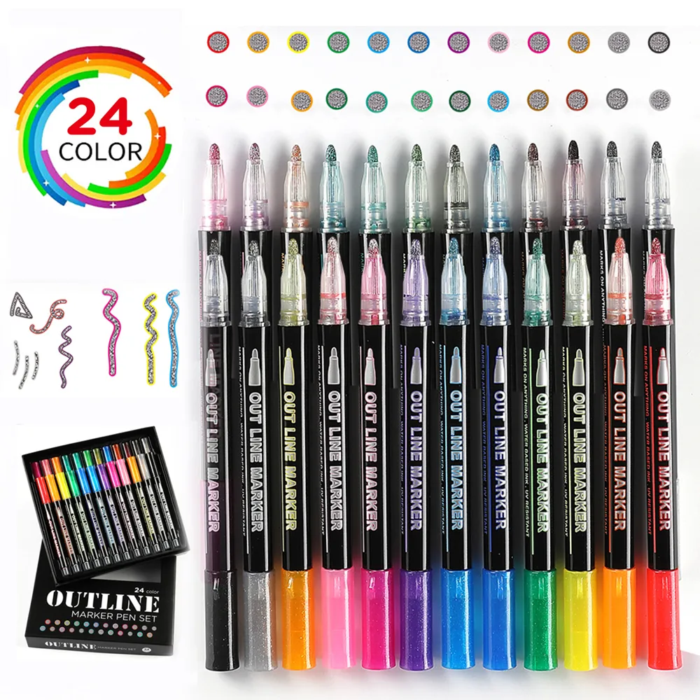 Markers Outline Metallic Markers Double Line Magic Shimmer Paint Pennor Set of 12 For Kids Adults Ritning Art Signature Coloring Journal 230605