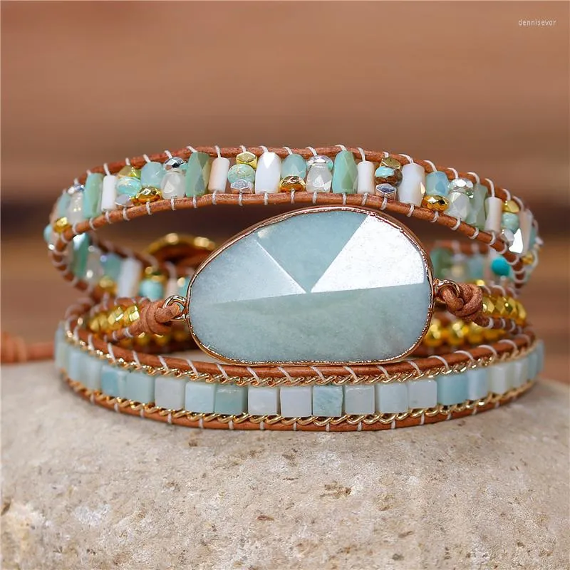 Charm Bracelets YueTong Women Wrap Bracelet Amazonite Beads 3 Times Leather Around Multilayers Statement Gifts Jewelry