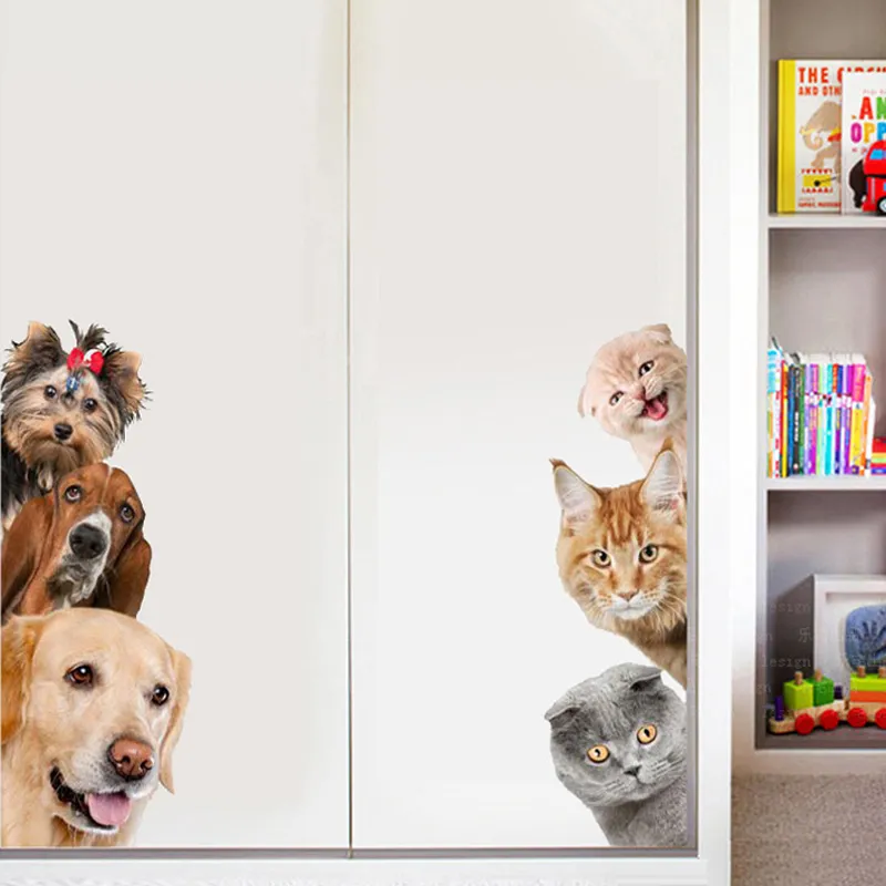 3D面白い猫と犬の壁のステッカー、ドア、窓、クローゼット、冷蔵庫、子供の部屋の装飾、家の装飾、動物描画ビニールステッカー