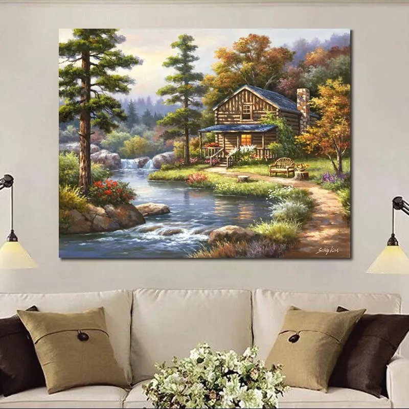 Dipinto a mano su tela costiera Mountain Creek Cabin Sung Kim Pittura Fuga mediterranea Arredamento moderno del ristorante