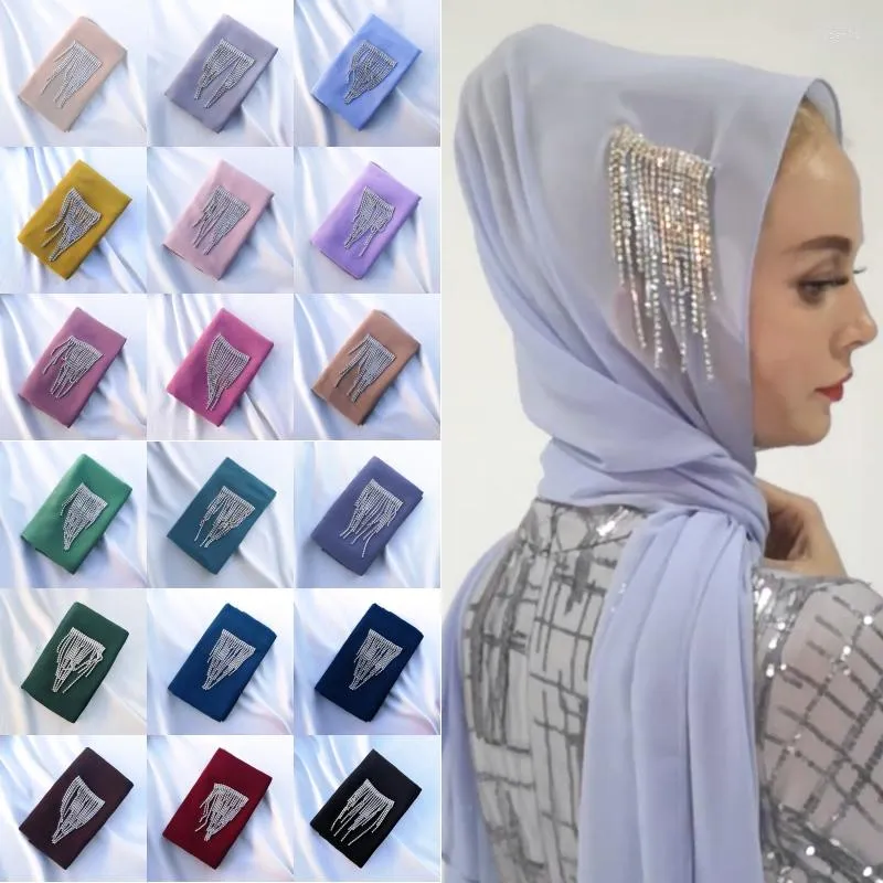 Scarves Temperament Ladies Headwear Fashion Shiny Fringe Decoration Long Scarf Dubai Rhinestone Fringed Hijab Solid Color Shawl Turban