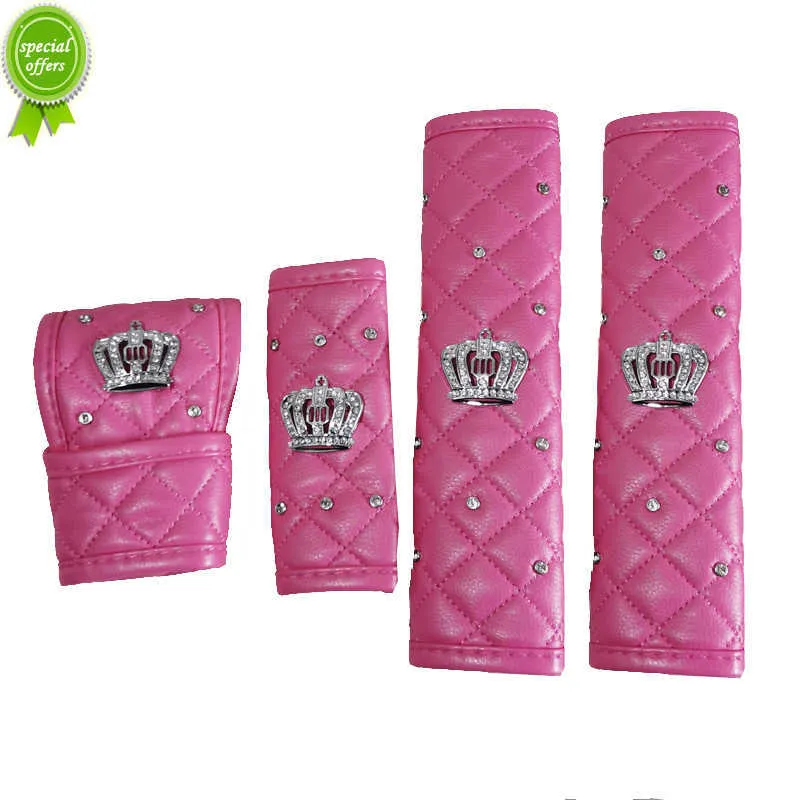 Nowy 1 zestaw Universal Crystal Crown Pu Skórzany pas bezpieczeństwa Pasek bezpieczeństwa Diamond Auto Handbrake Cover Styl Akcesoria samochodowe Rose Rose