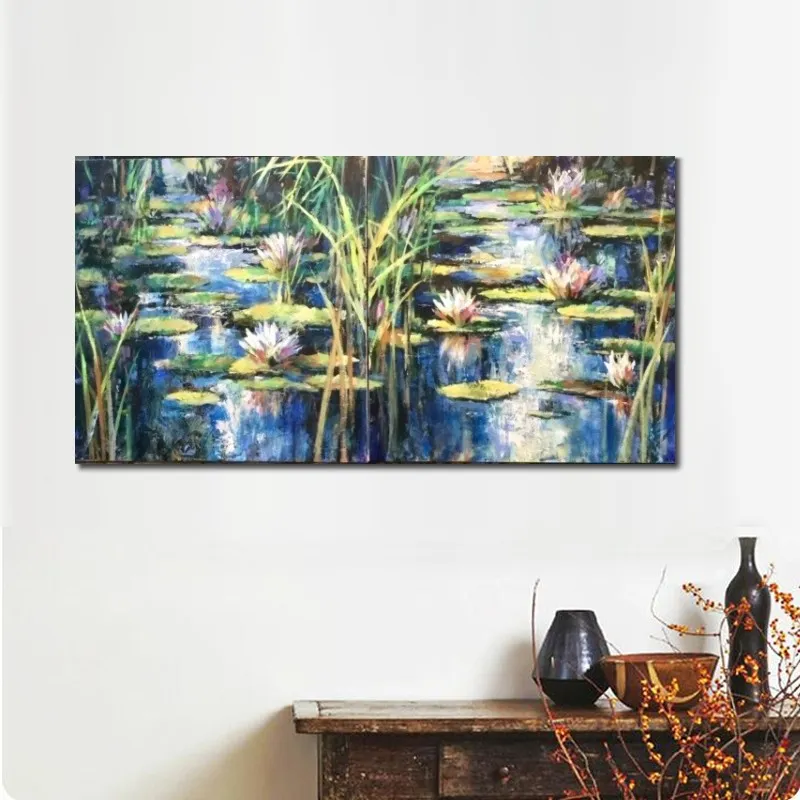 Handmade Scenic Landscape Canvas Art Water Lilies Brent Heighton Painting Artwork Modern Office Loft Decor