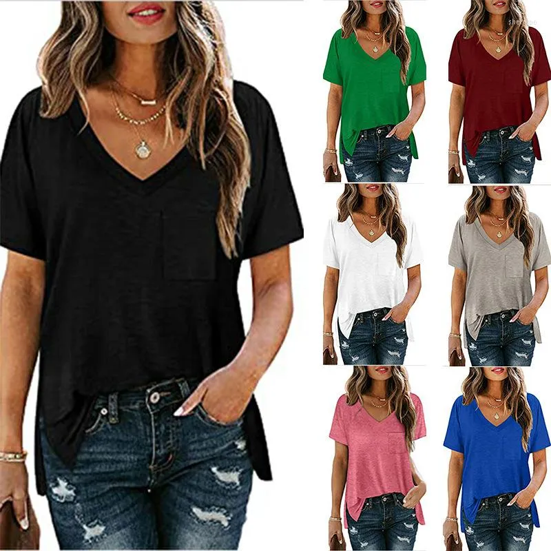 T-shirts pour femmes T-shirts amples Femmes Pulls Manches courtes Col en V Tops Femme Pulls Femme Été Sexy Poches Solide Tissu Undershit