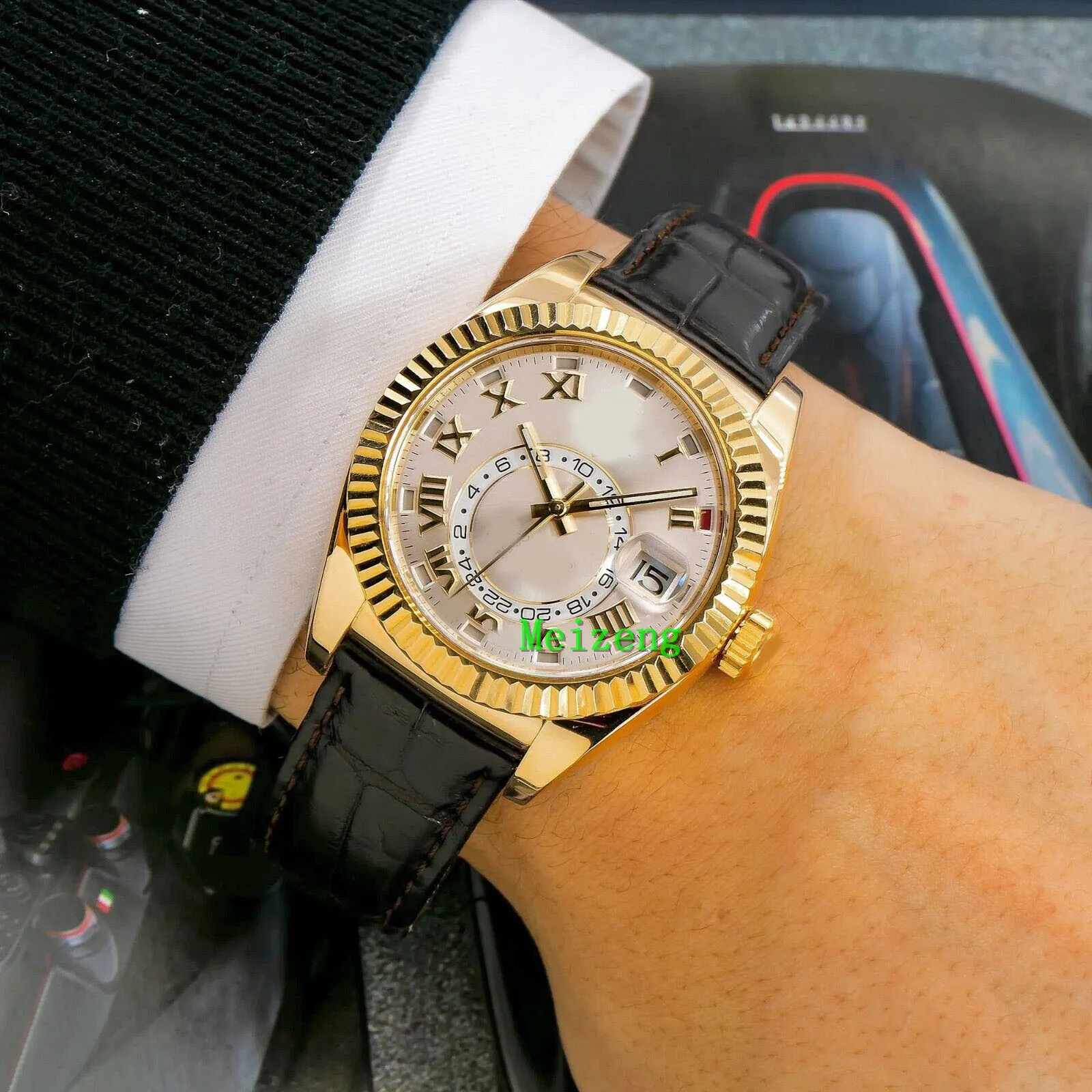 Роскошные наручные часы совершенно новые мужские автоматические часы Sky-Dweller 42 мм 326138 Серебряный циферблат с кожаным браслетом
