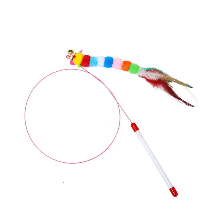 Funny Cat Toy Fishing Rod Kitten Cat Pet Toy Stick Teaser Rainbow Streamer Interactive Cat Play Wand With Feather Toys For Cats