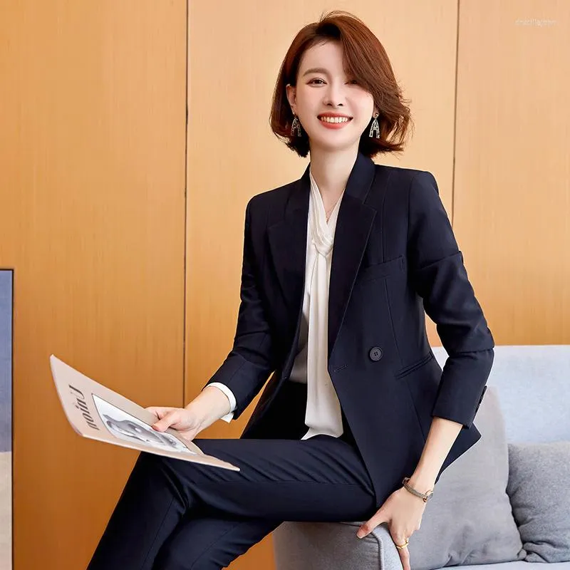 Women's Two Piece Pants Formal Navy Blue Blazer Women Business Suits Pant And Jacket Sets Office Ladies Work Wear Uniform OL Styles