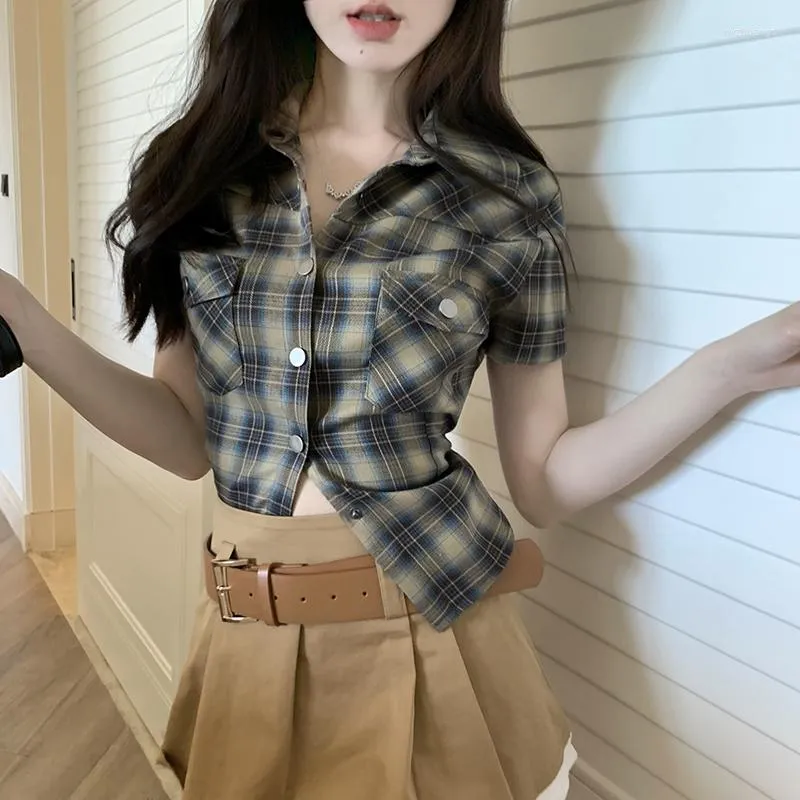 Женские блузки 2023 Blusas Muje de Moda Летняя блузка для женщин Slim Fit Vintage Plead Рубашки с коротким рукавом карманные повседневные топы Femme