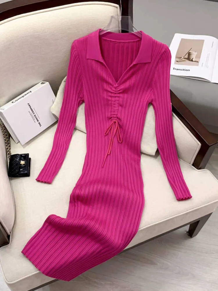 Casual Dresses 2022 Autumn and Winter Knitted Sweater Elegant V-Neck Drstring Ultra Thin Elastic Wrap Hip Women's Office Clothes P230606