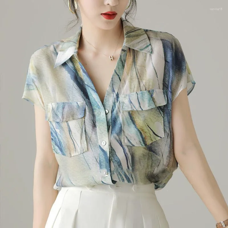 Damesblouses Kleurrijk Design Print Chiffon Shirt Lente Zomer Mode Blouse 2023 Dames Koreaanse stijl Elegante korte mouw Casual