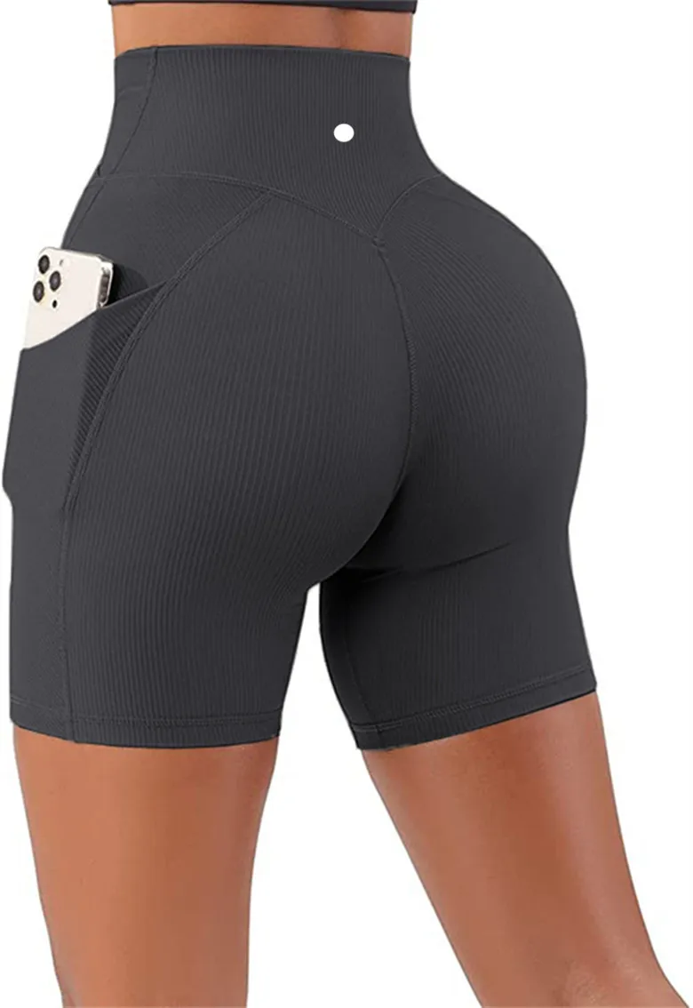 LL Yoga-Shorts Ribber Damen Sporthose mit überkreuzter Taille und Taschen, Laufen, Fitness, dehnbar, Fitnessstudio, Unterwäsche, Workout, kurze Leggings A1005