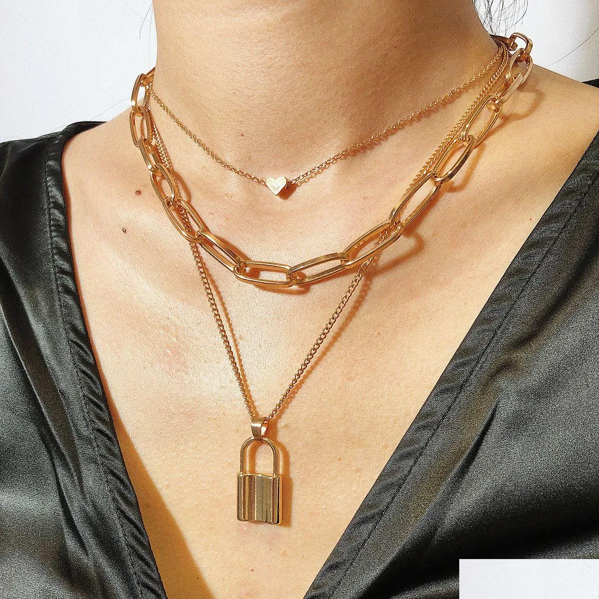 Gold Heart Lock Layered Pendant Necklace With Multi Layer Collar